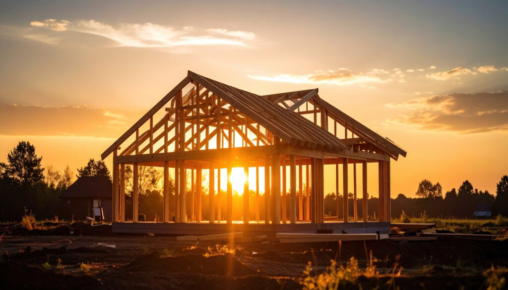 wooden house frame construction site sunset rural landscape unfinished building golden hour outdoor peaceful new home beams