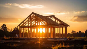 wooden house frame construction site sunset rural landscape unfinished building golden hour outdoor peaceful new home beams